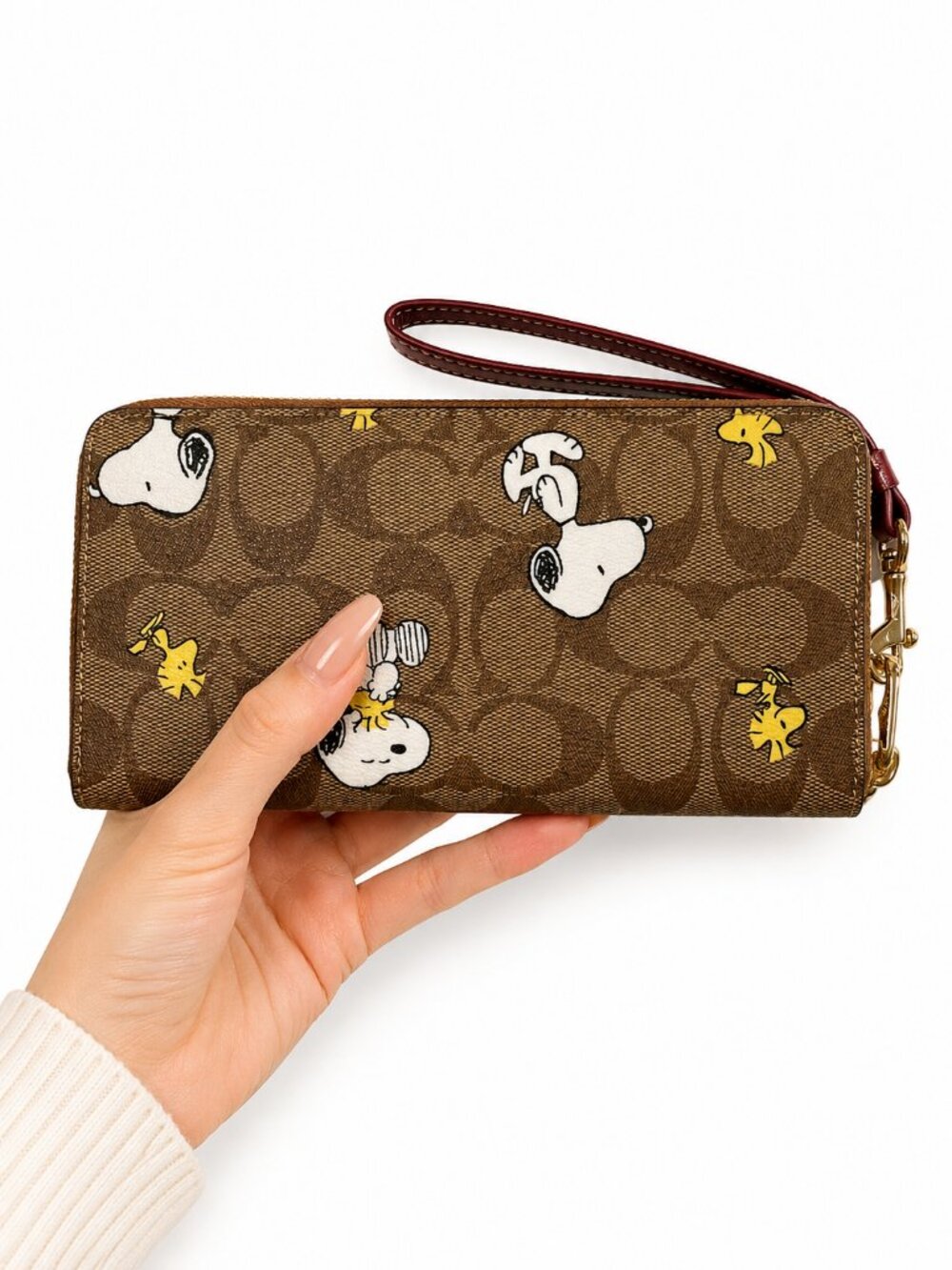 COACH x Peanuts Snoopy Woodstock Signature Zip Around Wallet Khaki Brown - Picture 4 of 5